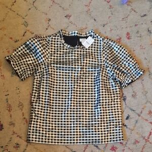 J Crew Factory Black And Silver Gingham Puff Sleeve Top Small
